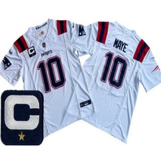 Personalized Men’s New England Patriots #10 Drake Maye Limited White Captain FUSE Jersey