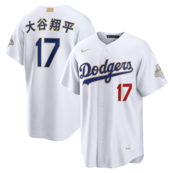 Personalized Men’s Los Angeles Dodgers #17 Shohei Ohtani White 2026 Gold Collection Kanji Stadium Jersey