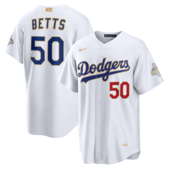 Personalized Men’s Los Angeles Dodgers #50 Mookie Betts White 2026 Gold Collection Stadium Jersey