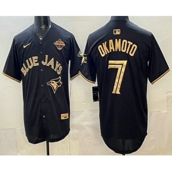 Personalized Men’s Toronto Blue Jays #7 Kazuma Okamoto Black Gold 2025 American League Champions Limited Stitched Jersey