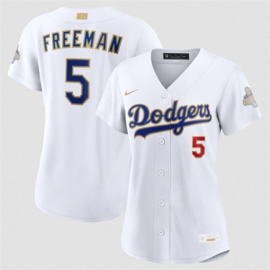 Personalized Women’s Los Angeles Dodgers #5 Freddie Freeman White 2026 Gold Collection Stadium Stitched Baseball Jersey(Run Small)