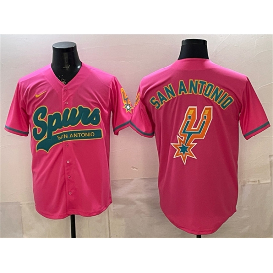 Personalized Men’s San Antonio Spurs Team Big Logo Pink Stitched Baseball Jersey