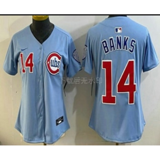 Personalized Women’s Chicago Cubs #14 Ernie Banks Baby Blue Limited Jersey