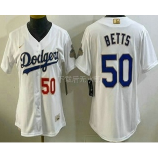 Personalized Women’s Los Angeles Dodgers #50 Mookie Betts White 2026 Gold Collection Stadium Jersey