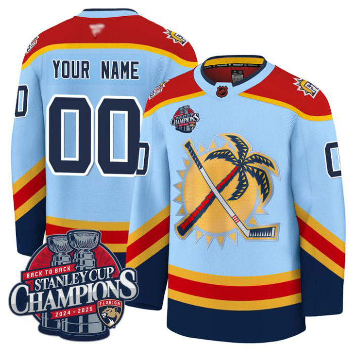Personalized Custom Florida Panthers Jersey 2025 Stanley Cup Back To Back Champions Blue