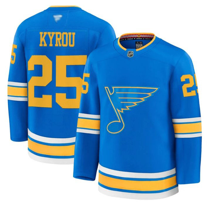 Personalized Jordan Kyrou Jersey #25 St. Louis Blues 2025-26 Premium Stitched Blue