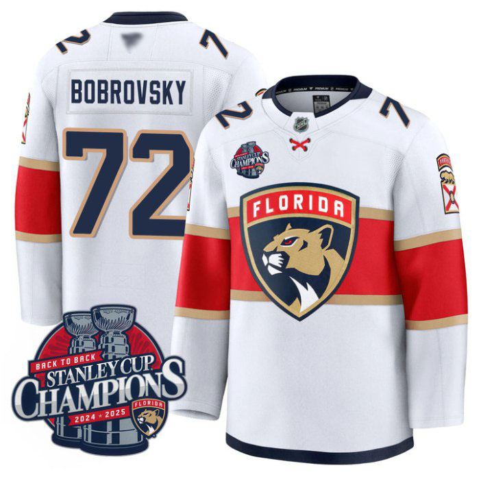 Personalized Sergei Bobrovsky Jersey #72 Florida Panthers 2025 Stanley Cup Back To Back White