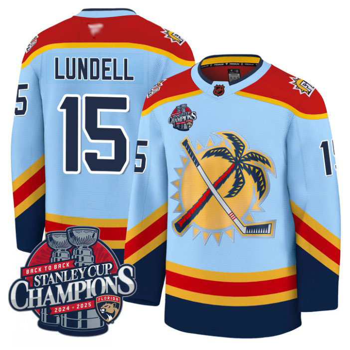 Personalized Anton Lundell Jersey #15 Florida Panthers 2025 Stanley Cup Back To Back Blue