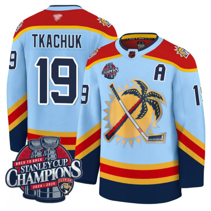 Personalized Matthew Tkachuk Jersey #19 Florida Panthers 2025 Stanley Cup Back To Back Blue