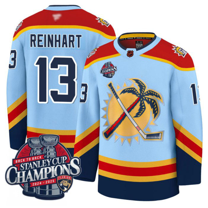 Personalized Sam Reinhart Jersey #13 Florida Panthers 2025 Stanley Cup Back To Back Blue