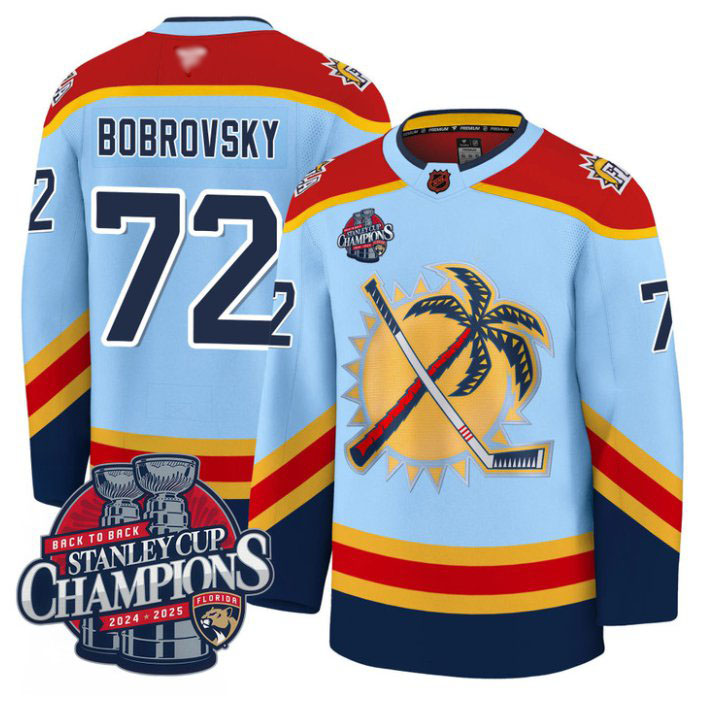 Personalized Sergei Bobrovsky Jersey #72 Florida Panthers 2025 Stanley Cup Back To Back Blue