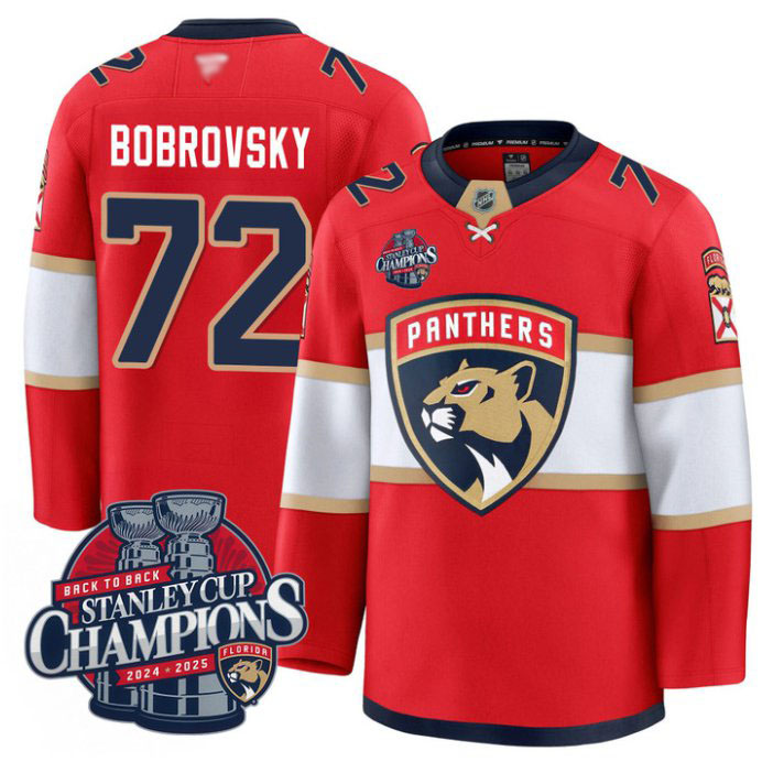 Personalized Sergei Bobrovsky Jersey #72 Florida Panthers 2025 Stanley Cup Back To Back Red