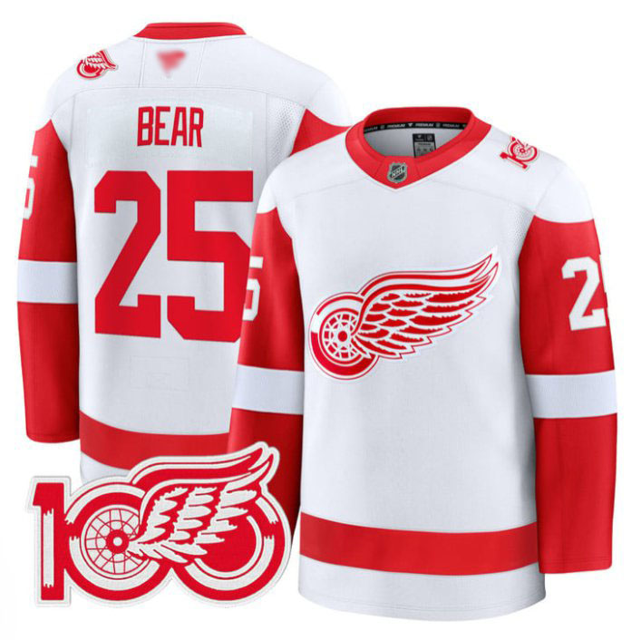 Personalized Carter Bear Jersey #25 Detroit Red Wings 100th Anniversary Stitched White
