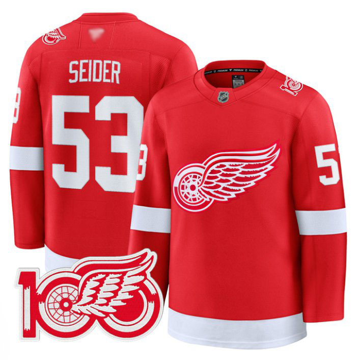 Personalized Moritz Seider Jersey #53 Detroit Red Wings 100th Anniversary Stitched Red