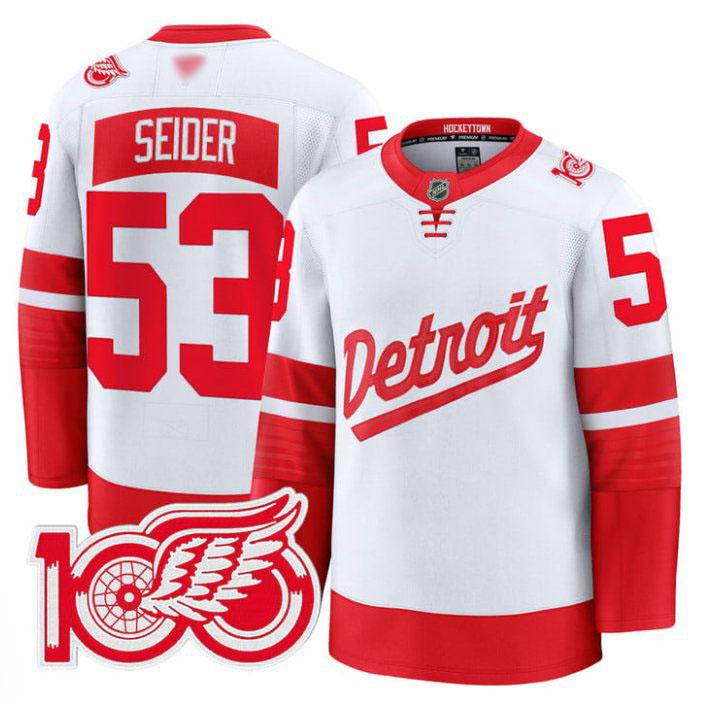 Personalized Moritz Seider Jersey #53 Detroit Red Wings 100th Anniversary Stitched Stadium