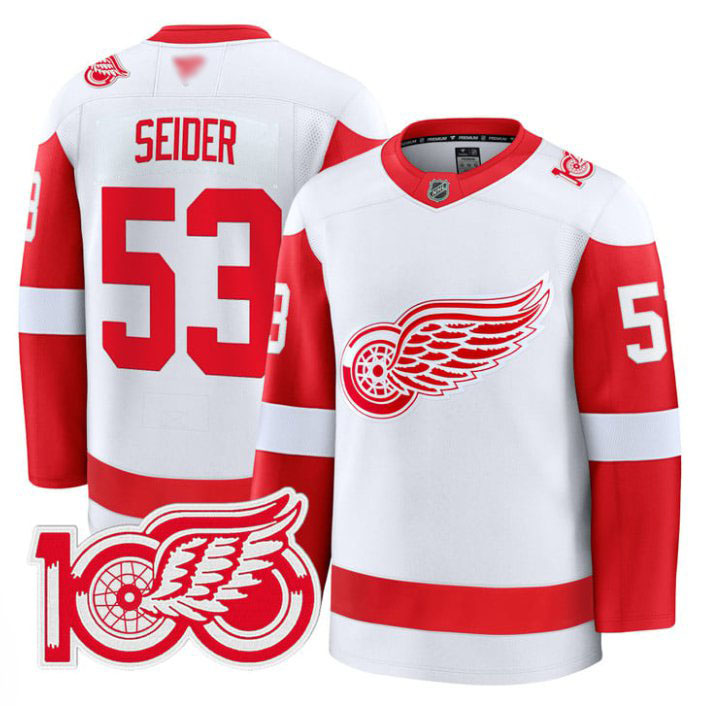 Personalized Moritz Seider Jersey #53 Detroit Red Wings 100th Anniversary Stitched White