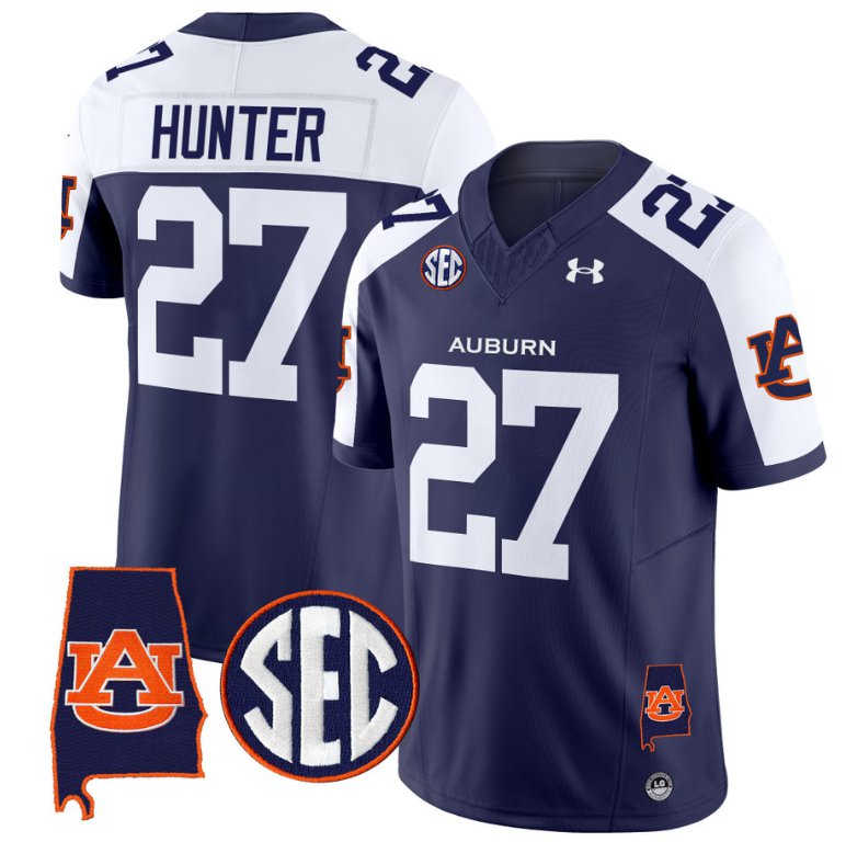 Personalized Jarquez Hunter Jersey #27 Auburn Tigers SEC Patch Limited College Football Navy Alternate