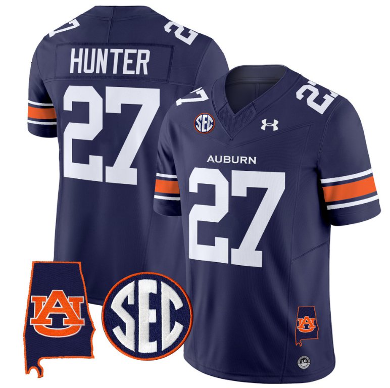 Personalized Jarquez Hunter Jersey #27 Auburn Tigers SEC Patch Limited College Football Stitched Navy