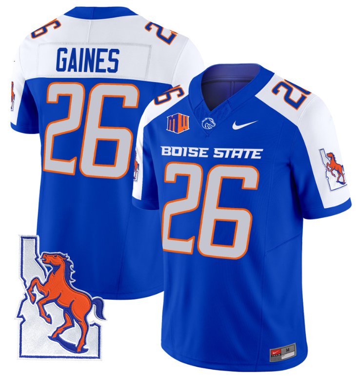 Personalized Sire Gaines Jersey #26 Boise State Broncos 2024 Map Patch Football Royal Alternate