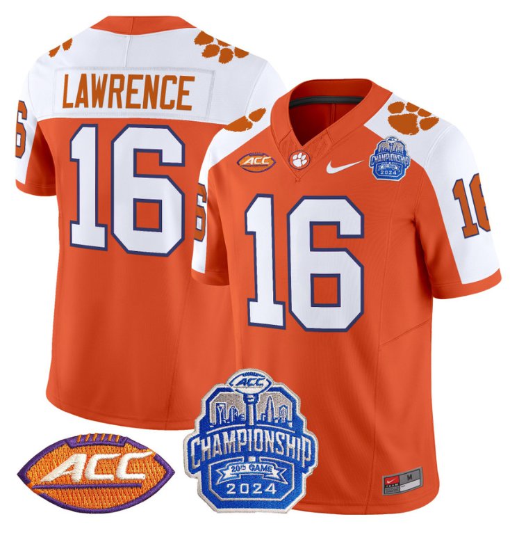 Personalized Trevor Lawrence Jersey #16 Clemson Tigers 2024 ACC Championship Patch Orange Alternate