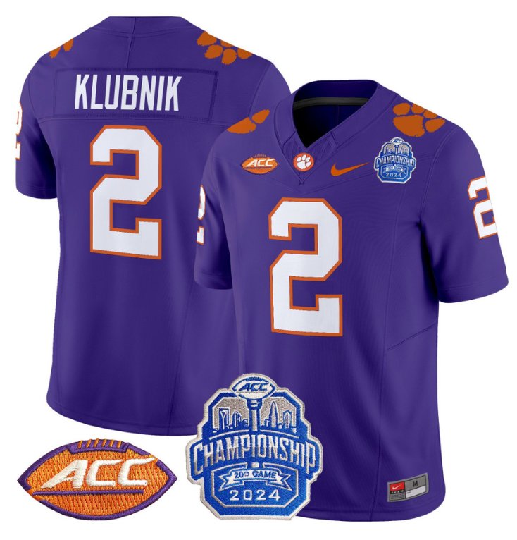 Personalized Cade Klubnik Jersey #2 Clemson Tigers 2024 ACC Championship Patch Purple