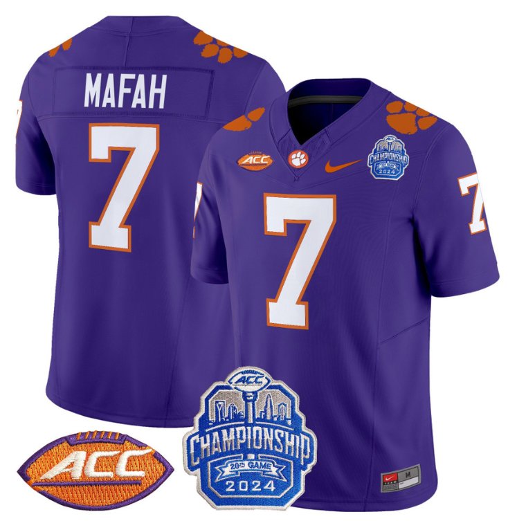 Personalized Phil Mafah Jersey #7 Clemson Tigers 2024 ACC Championship Patch Purple