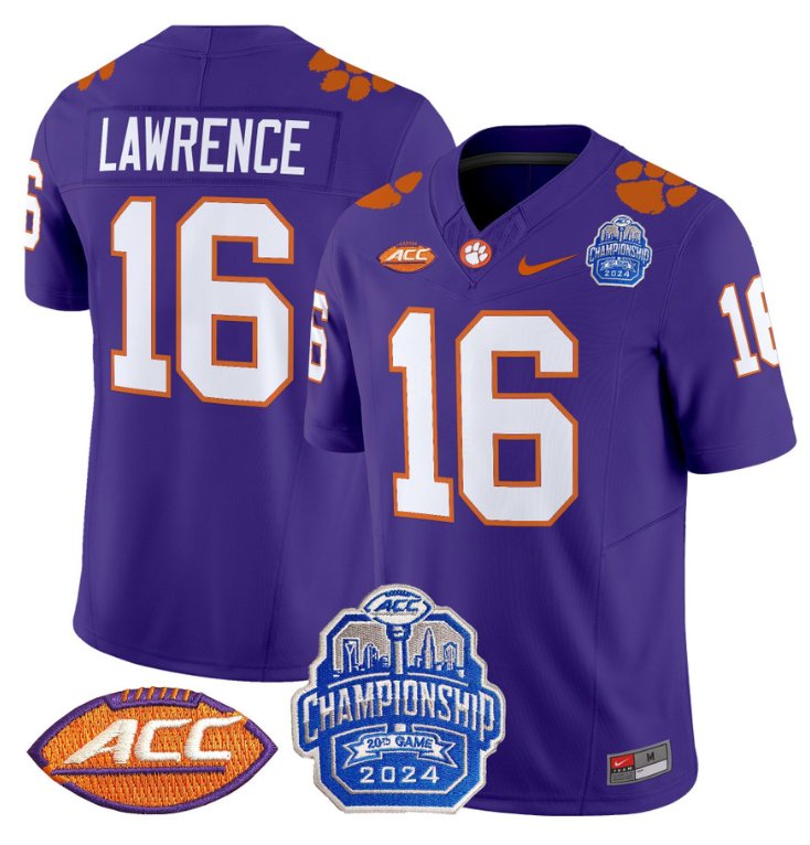 Personalized Trevor Lawrence Jersey #16 Clemson Tigers 2024 ACC Championship Patch Purple