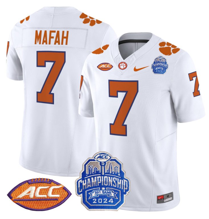 Personalized Phil Mafah Jersey #7 Clemson Tigers 2024 ACC Championship Patch White