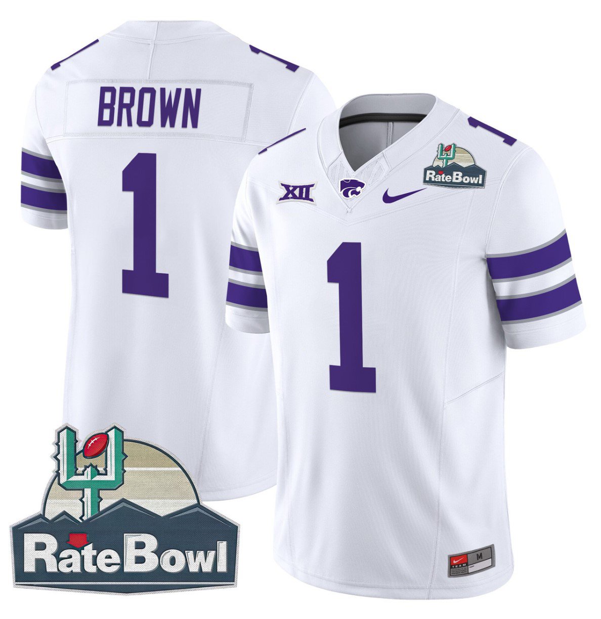 Personalized Jayce Brown Jersey #1 Kansas State Wildcats 2025 Rate Bowl Patch White