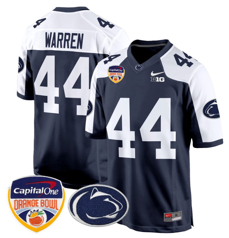 Personalized Tyler Warren Jersey #44 Penn State Nittany Lions Orange Bowl Patch Navy Alternate