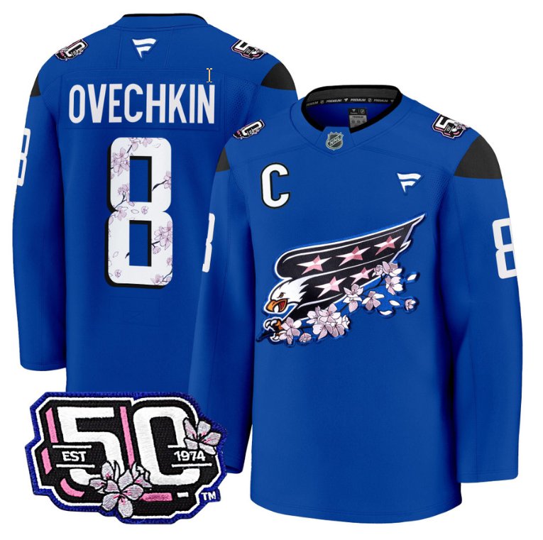 Personalized Men Alex Ovechkin Jersey #8 Washington Capitals 50th Anniversary Cherry Blossom