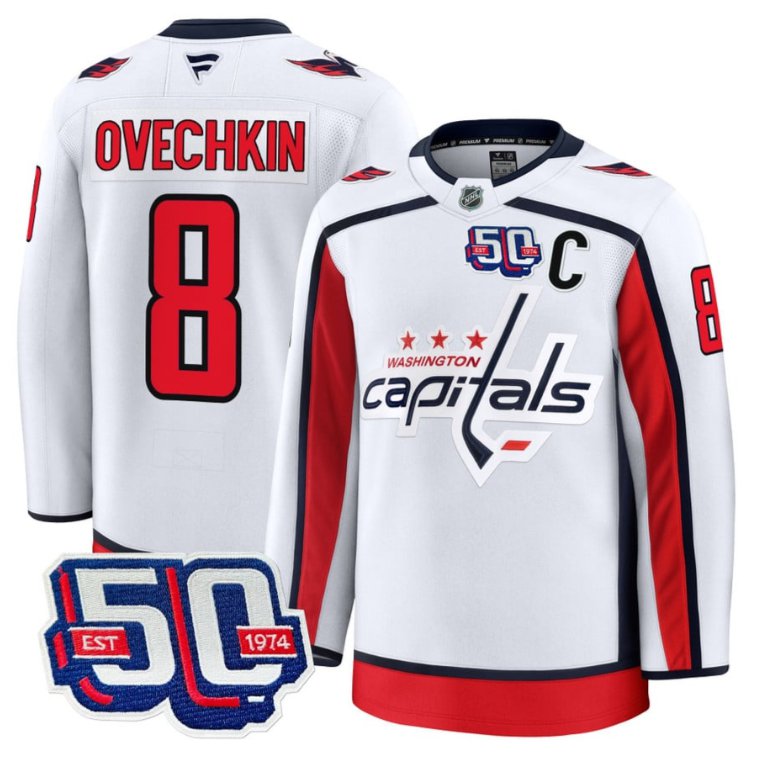 Personalized Men Alex Ovechkin Jersey #8 Washington Capitals 50th Anniversary Stitched White
