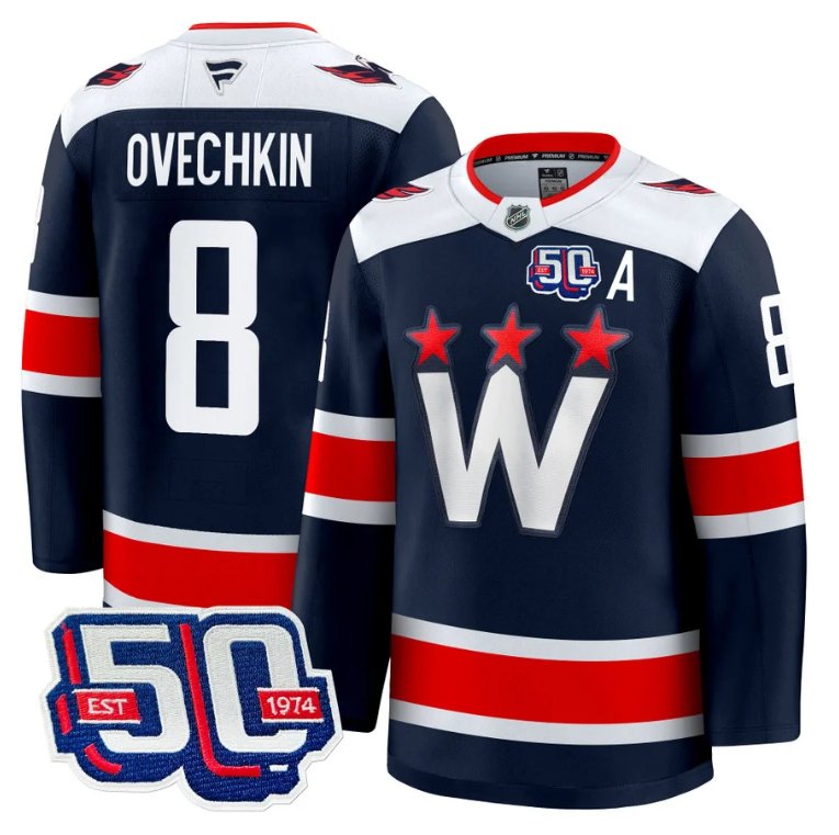 Personalized Men Alex Ovechkin Jersey #8 Washington Capitals 50th Anniversary V2 Navy