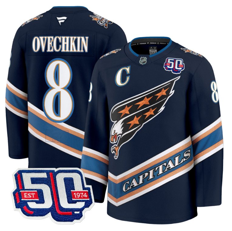 Personalized Men Alex Ovechkin Jersey #8 Washington Capitals Eagle 50th Anniversary Navy