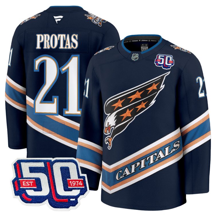 Personalized Men Aliaksei Protas Jersey #21 Washington Capitals Eagle 50th Anniversary Navy