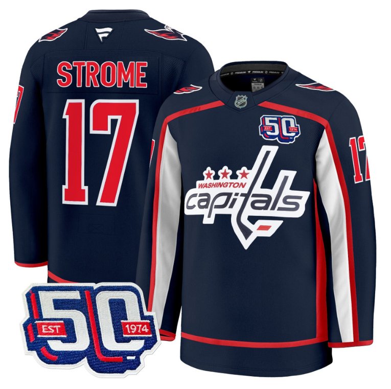 Personalized Men Dylan Strome Jersey #17 Washington Capitals 50th Anniversary Stitched Navy
