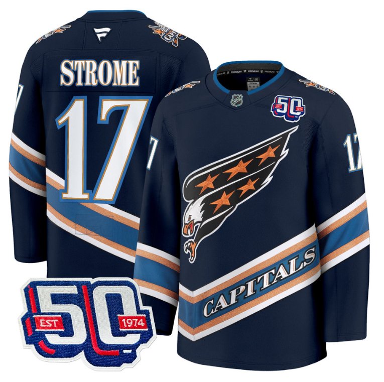 Personalized Men Dylan Strome Jersey #17 Washington Capitals Eagle 50th Anniversary Navy