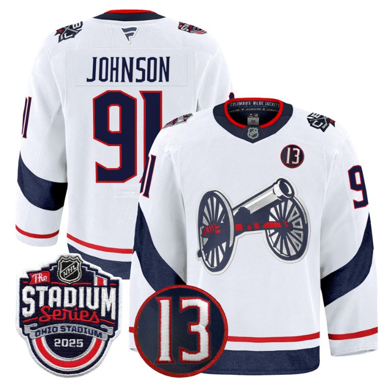 Personalized Kent Johnson Jersey #91 Columbus Blue Jackets 2025 Stadium Series White