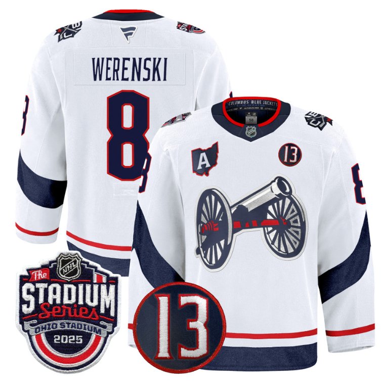 Personalized Zach Werenski Jersey #8 Columbus Blue Jackets 2025 Stadium Series White