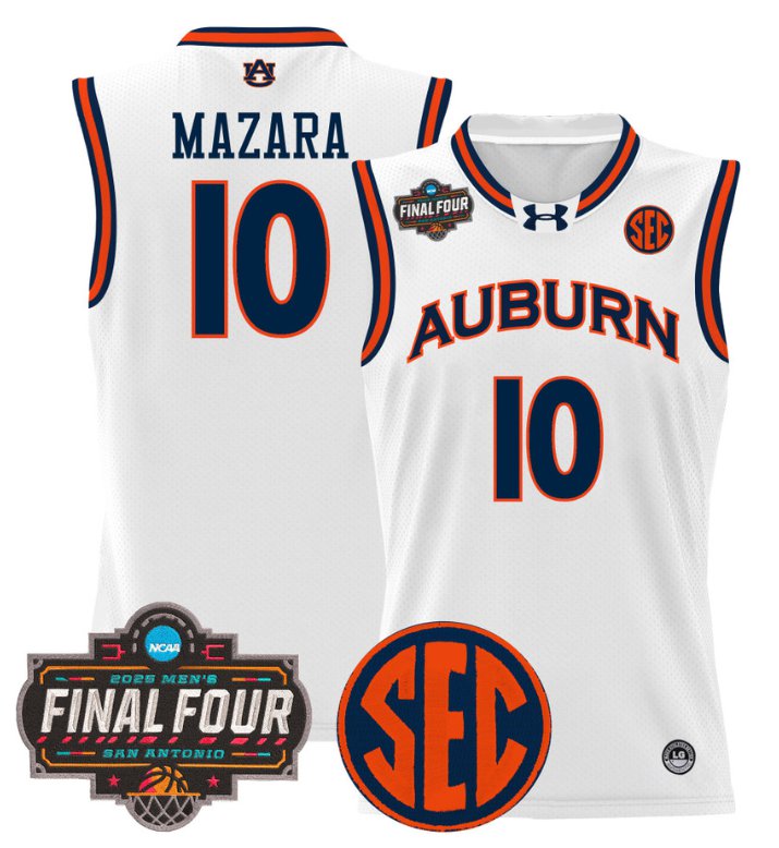 Personalized Baker-Mazara Jersey #10 Auburn Tigers 2025 Final Four Patch Stitched White