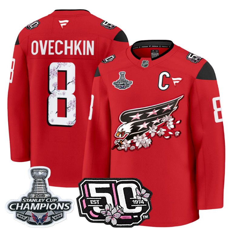 Personalized Alex Ovechkin Jersey #8 Washington Capitals 50th 2018 Stanley Cup Champions Patch Red