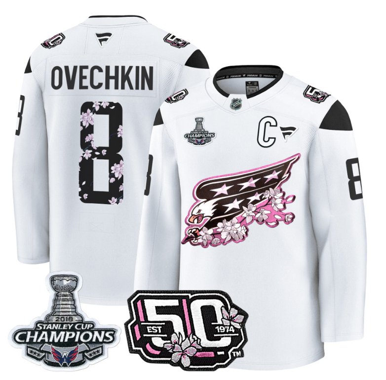 Personalized Alex Ovechkin Jersey #8 Washington Capitals 50th 2018 Stanley Cup Champions Patch White