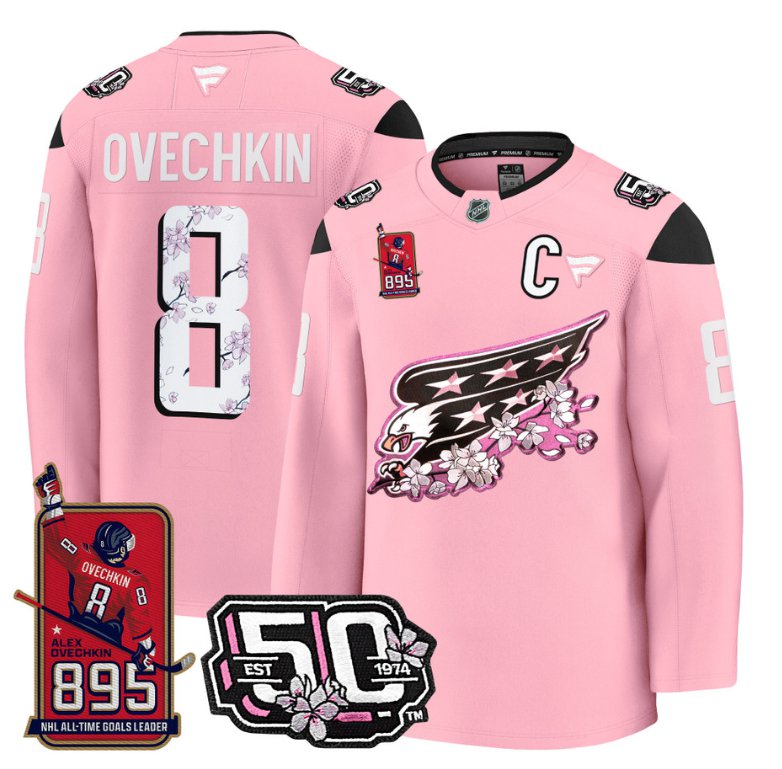 Personalized Ovechkin Jersey #8 Washington Capitals All-Time Leading Goals Leader Patch Cherry Blossom