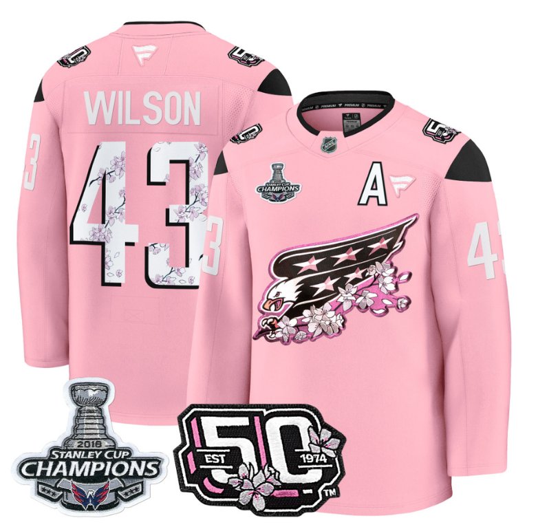 Personalized Tom Wilson Jersey #43 Washington Capitals 50th 2018 Stanley Cup Champions Patch Cherry Blossom