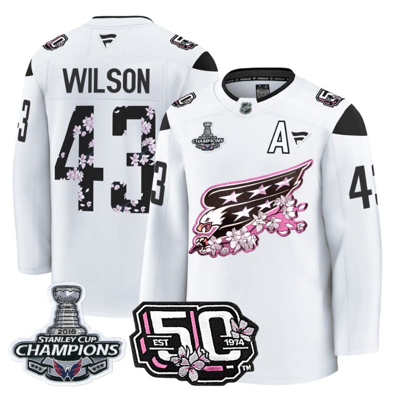 Personalized Tom Wilson Jersey #43 Washington Capitals 50th 2018 Stanley Cup Champions Patch White