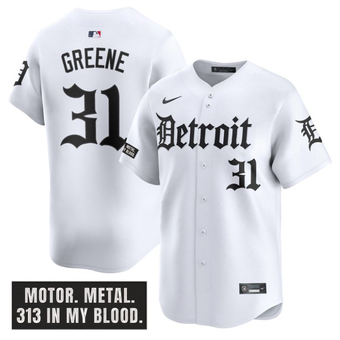 Personalized Riley Greene Jersey #31 Detroit Tigers Motor Gothic Edition Premier Limited Stitched White