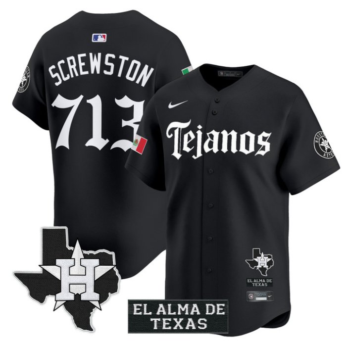 Personalized Screwston Jersey #713 Houston Astros Mexico Tejano Barrio Style Limited Stitched Black