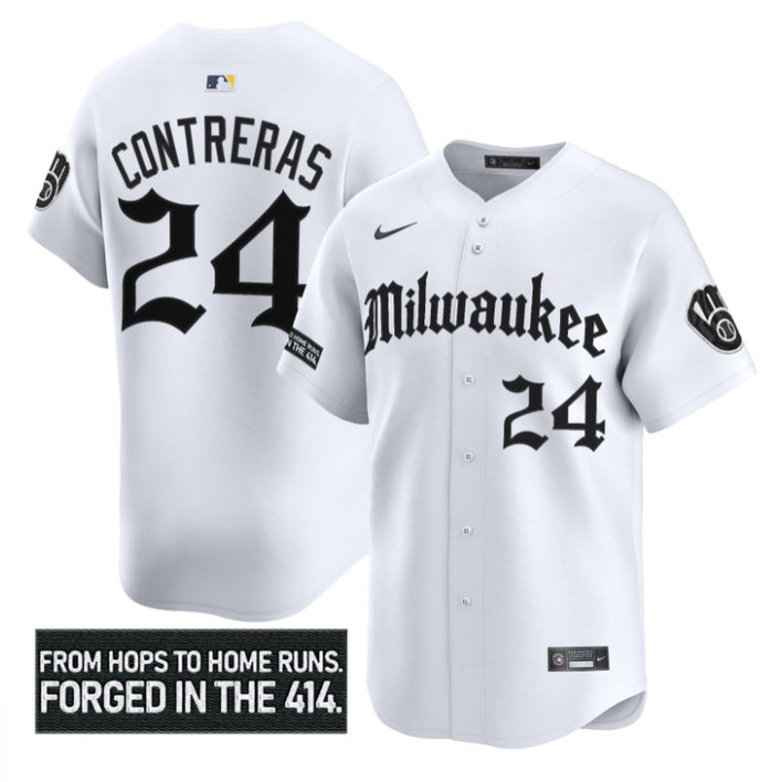 Personalized William Contreras Jersey #24 Milwaukee Brewers Gothic 414 Shadows Edition White