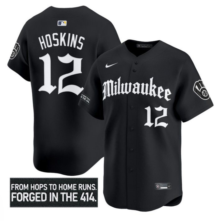 Personalized Rhys Hoskins Jersey #12 Milwaukee Brewers Gothic 414 Shadows Edition Black