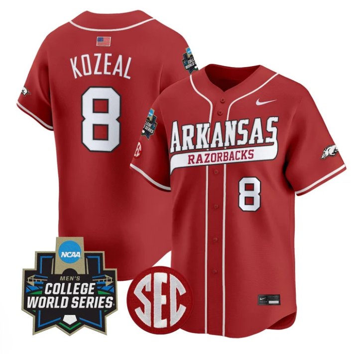 Personalized Cam Kozeal Jersey #8 Arkansas Razorbacks 2025 World Series Stitched Cardinal